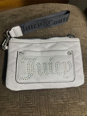Juicy Couture Gray Quilted Leather Rhinestone Logo Wristlet with Black Strap